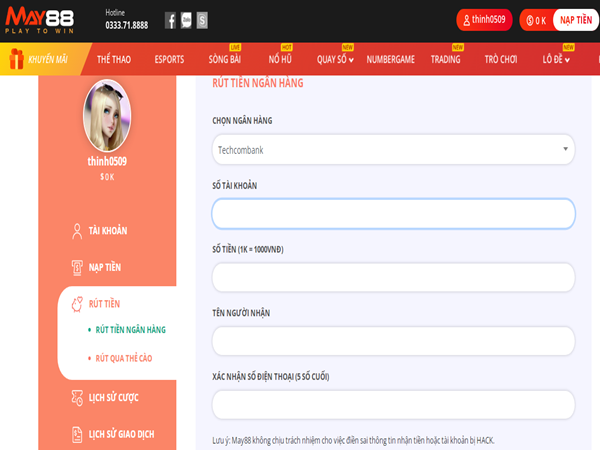 Hướng dẫn cách rút tiền trên may88 bằng ngân hàng